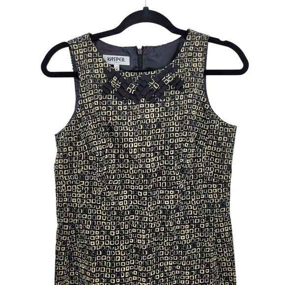 Kasper Geometric Print Sleeveless Sheath Dress 6 Black Brown 3D Ribbon Neckline - Picture 6 of 11